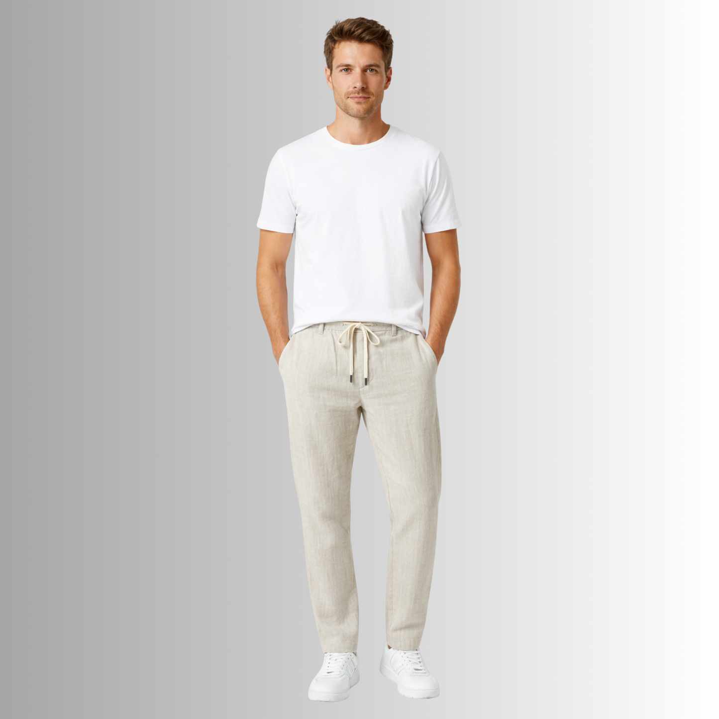 Pantalón de lino mixto para hombre — blanco roto, vista frontal